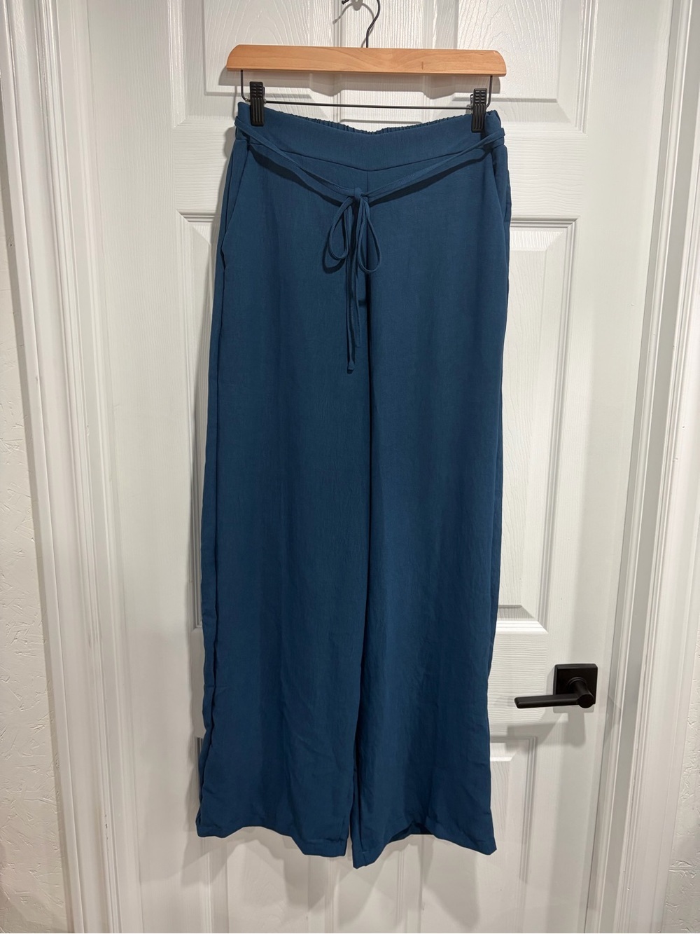 Women’s High Rise Wide Leg Pants Blue with Tie Waist Elastic